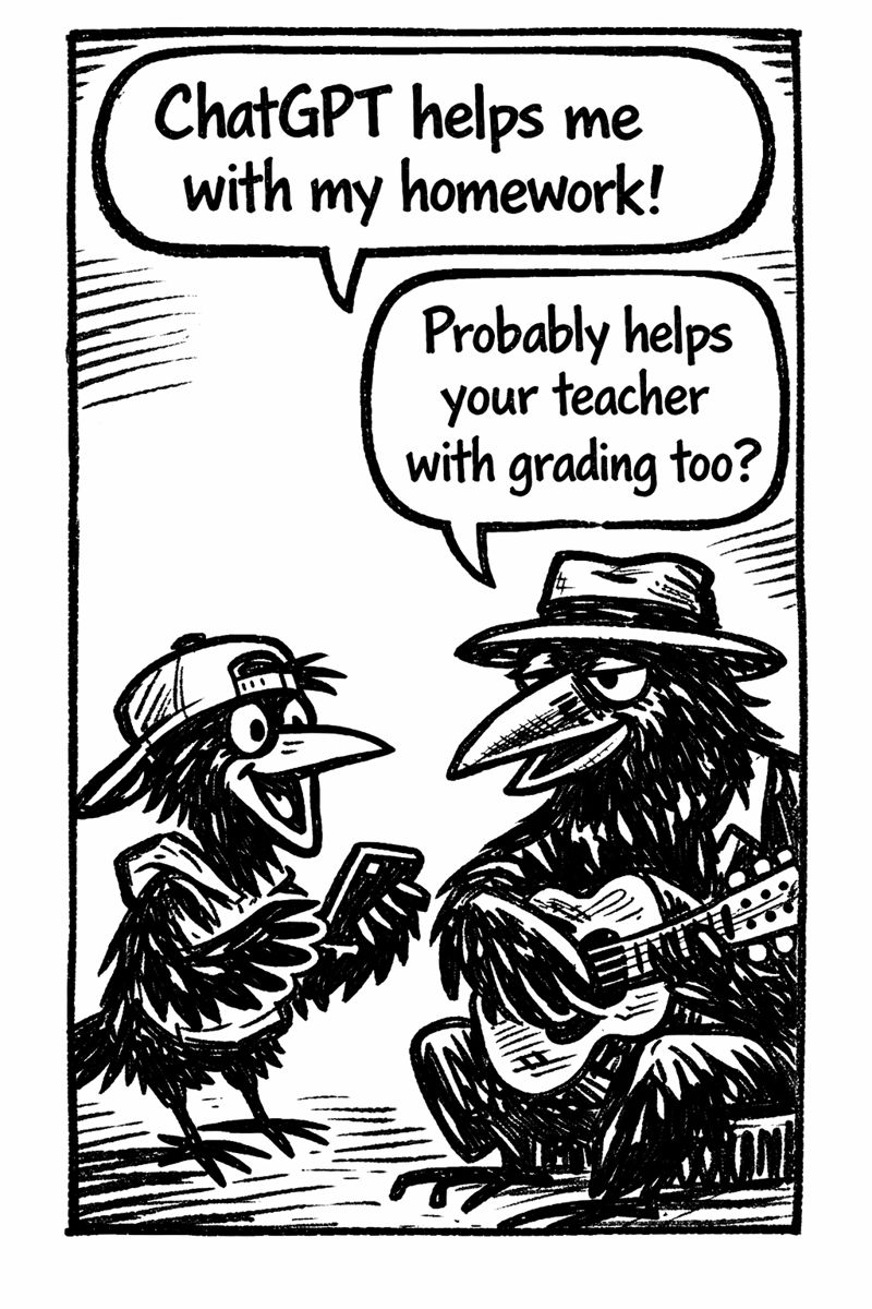 crow joe in the age of ai comic - kid crow, young crow with backwards hat and smartphone in hand, excitedly says 'chatgpt helps me with my homework!' crow joe the blues paying crow wryly responds 'probably helps your teacher with grading too?' both students and teachers can cheat with ai